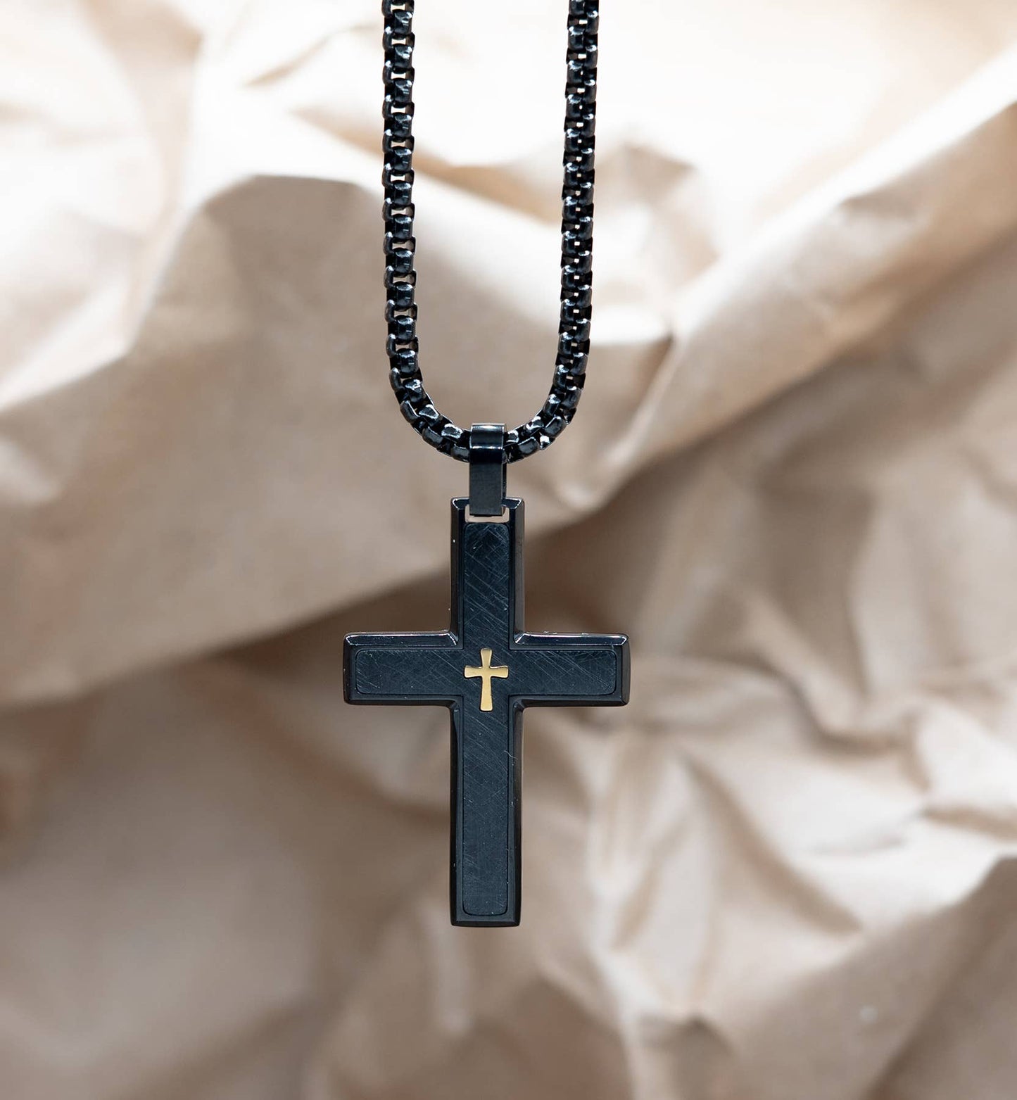 Brushed Black/Gold Cross Necklace