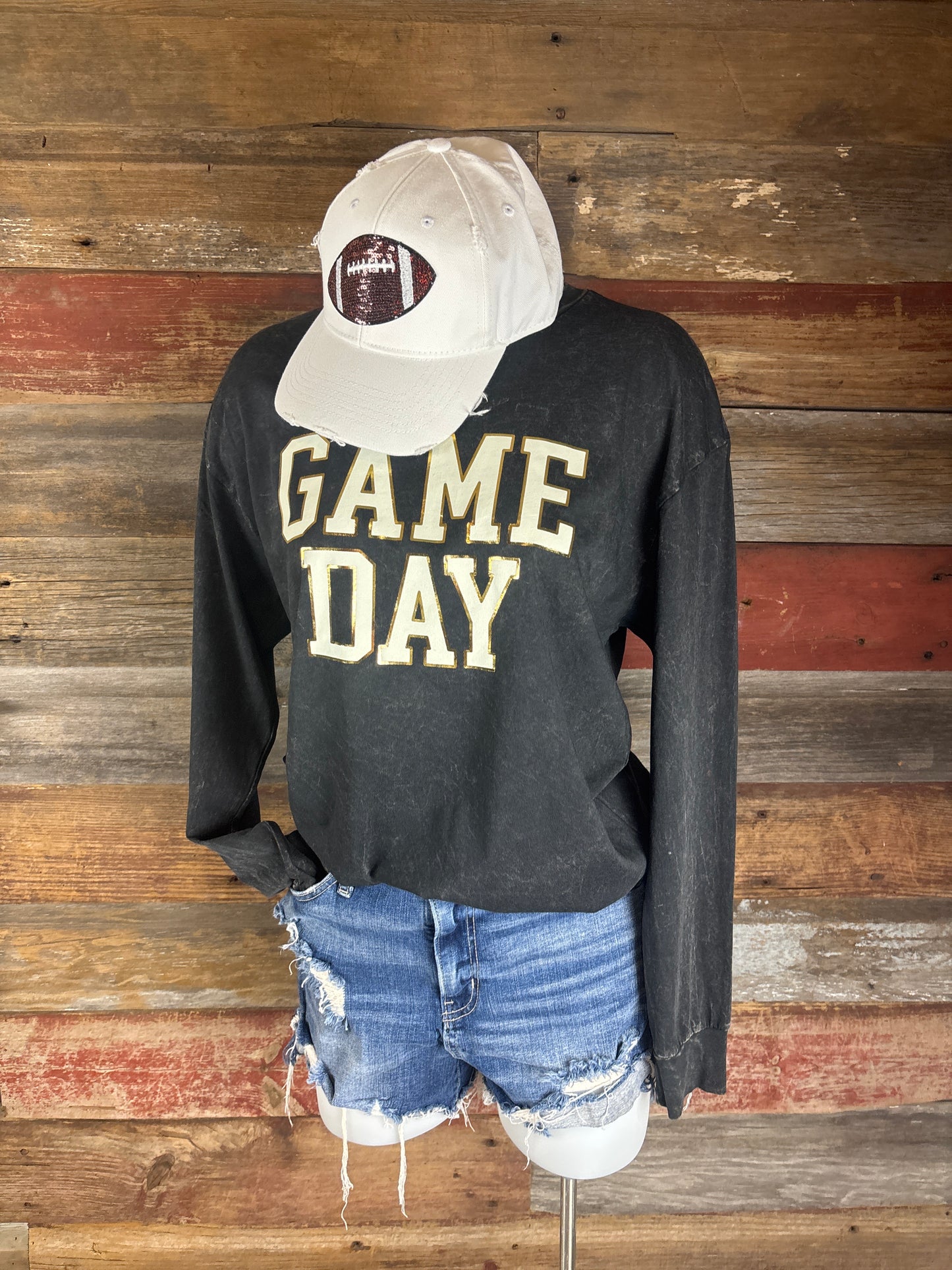 Denim Hat With Sequin Football :White distressed denim