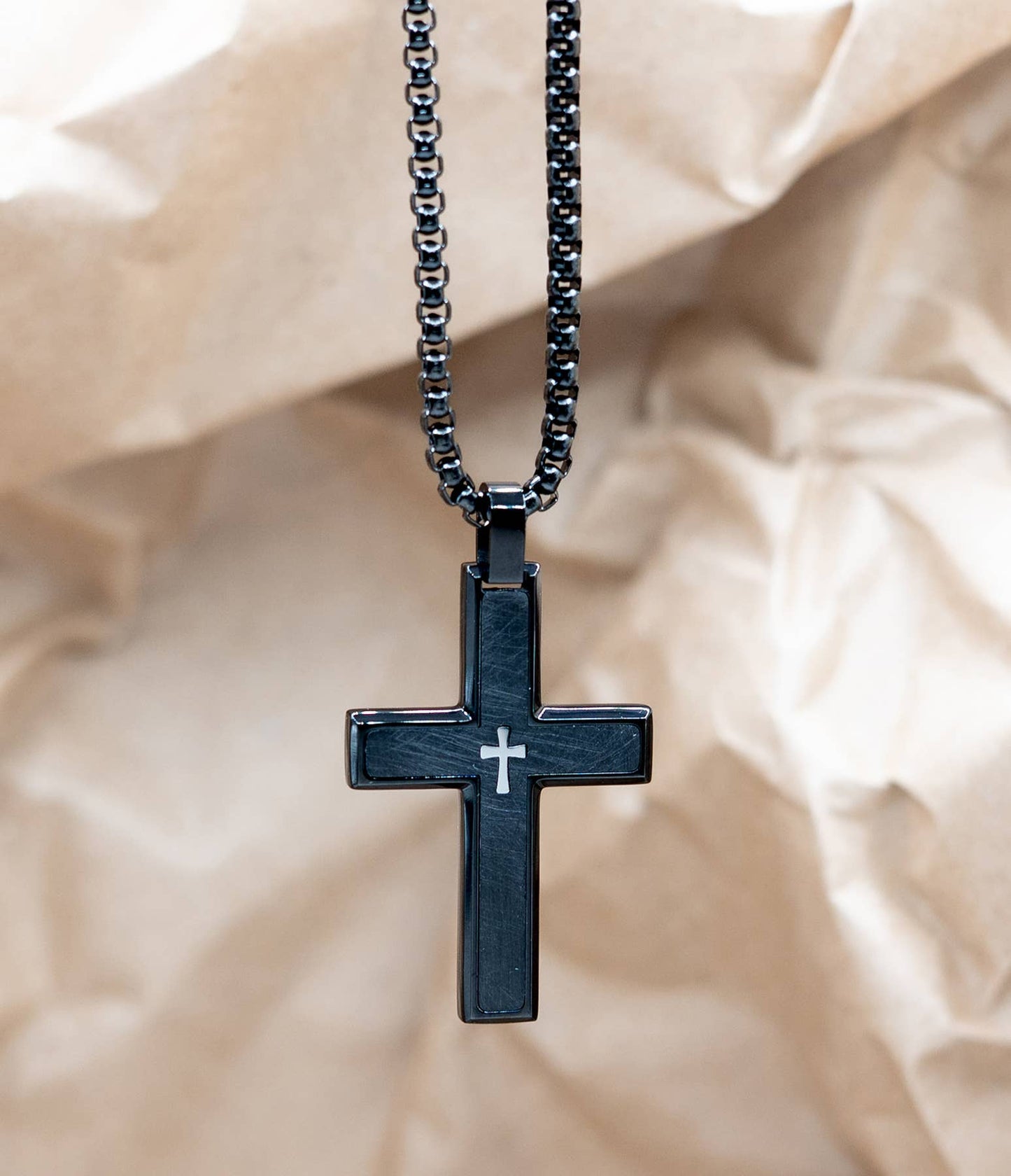 Brushed Black/Silver Cross Necklace