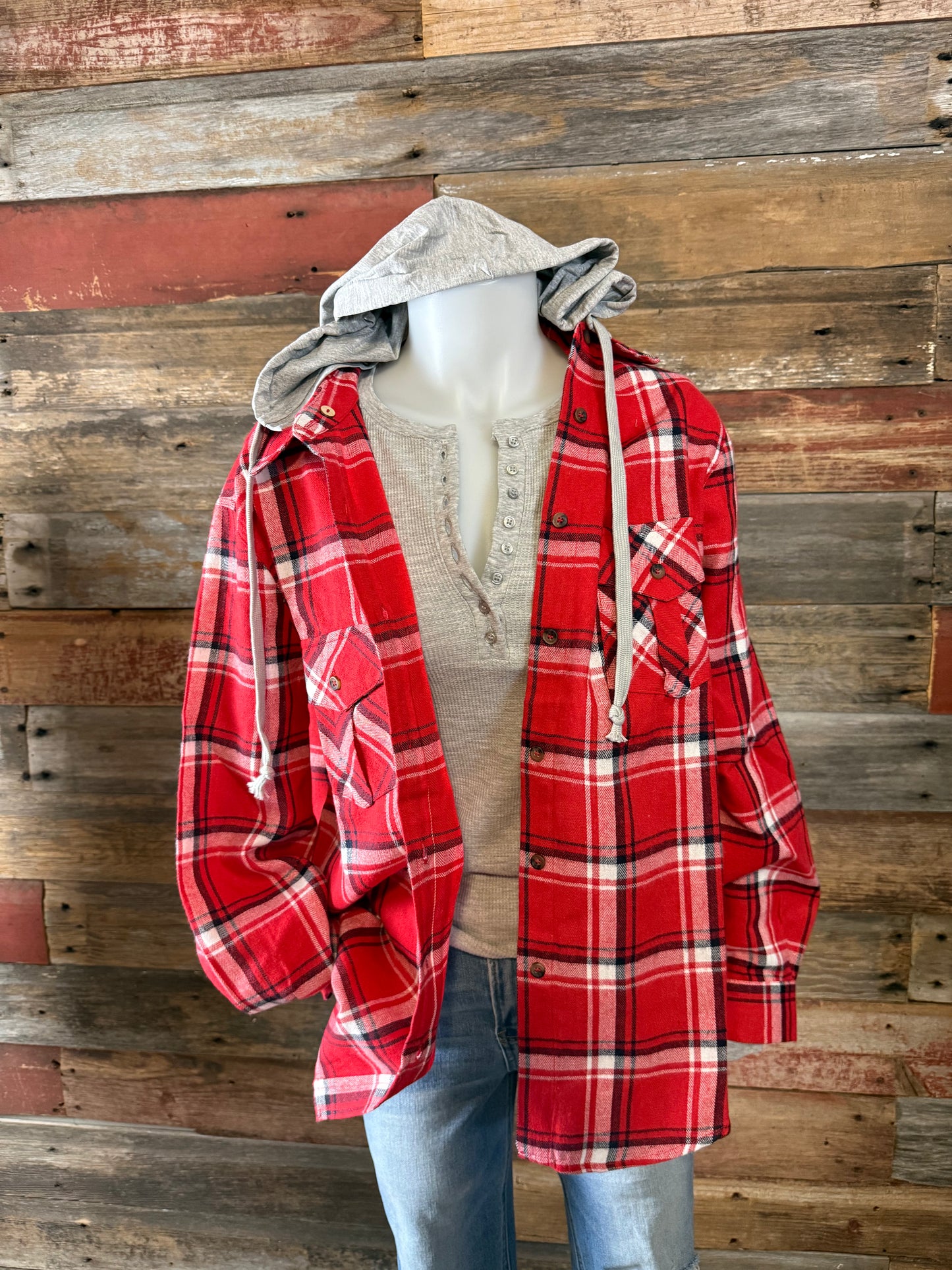 Red Plaid Hoodie Shacket