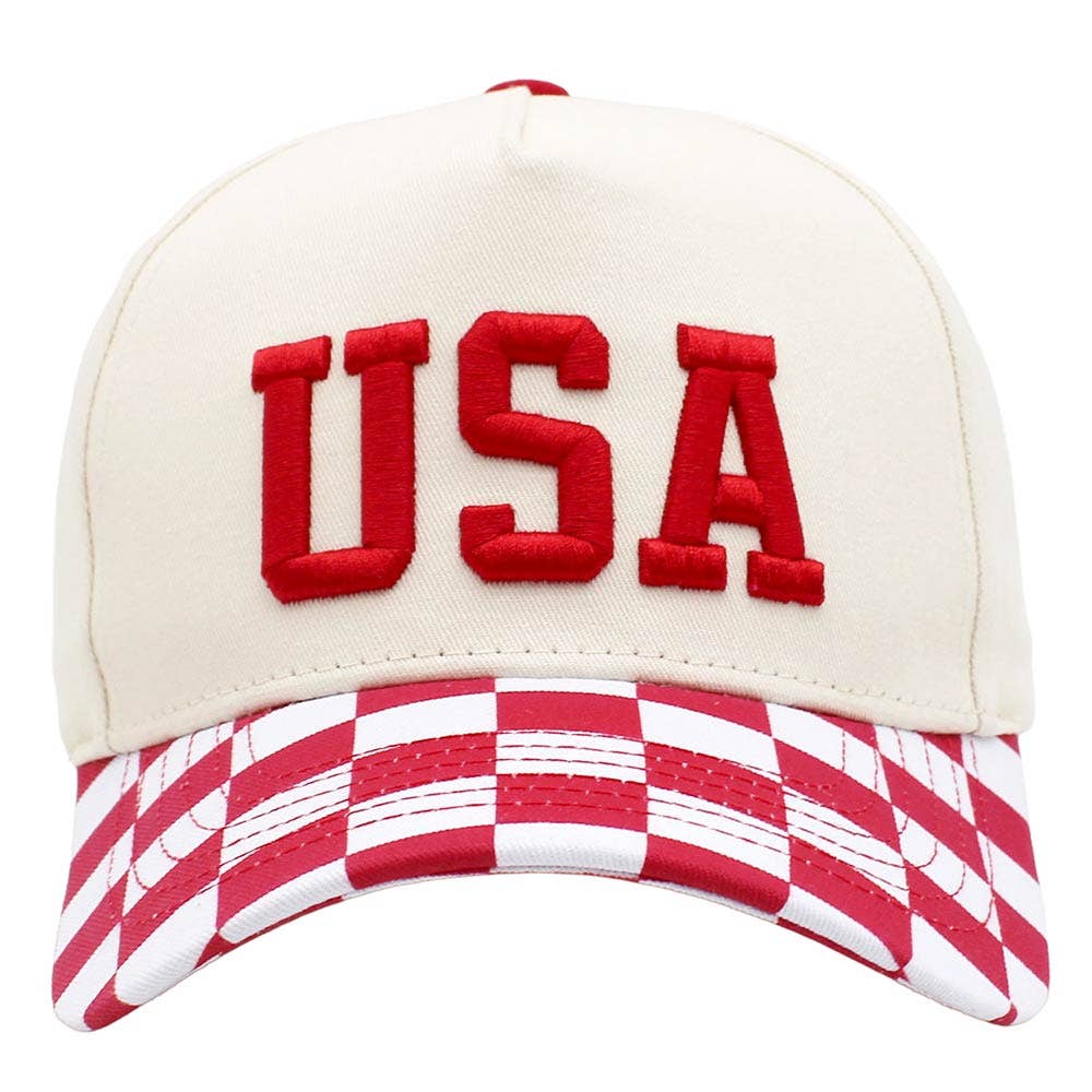 Checkered USA Embroidered Baseball Cap: Red