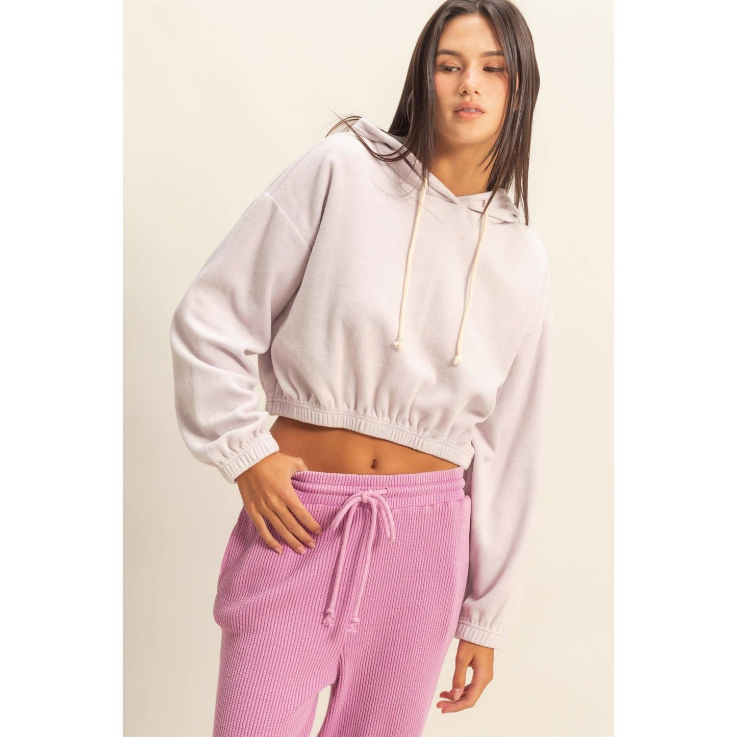 Cropped Velvet Pullover Hoodie: LILAC FOG