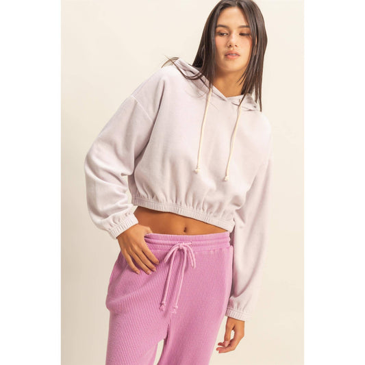 Cropped Velvet Pullover Hoodie: LILAC FOG
