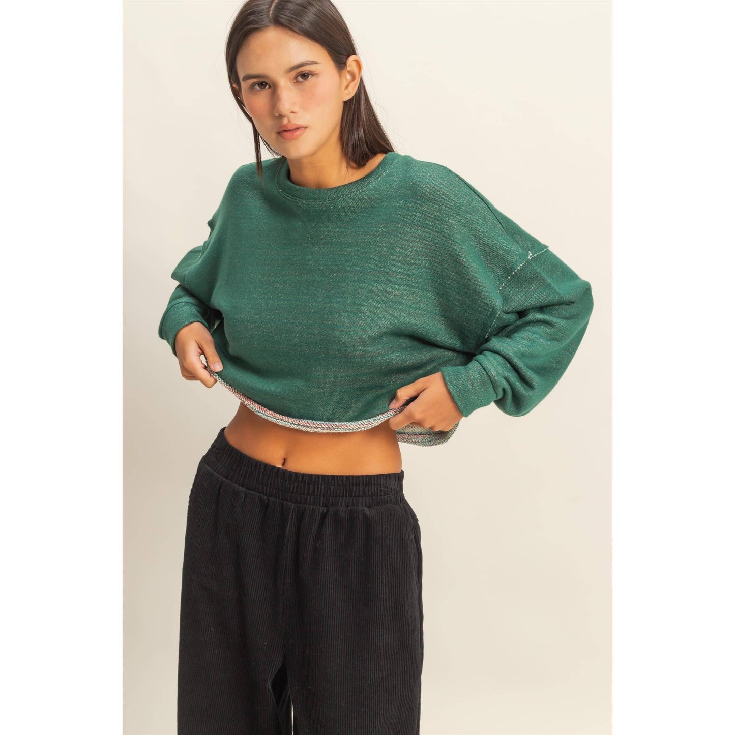 Drop-Shoulder Cropped Top: HUNTER GREEN