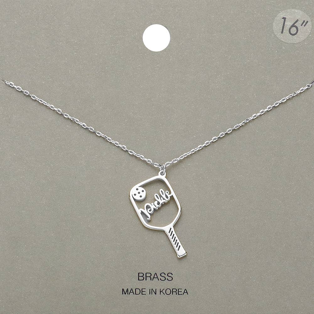 Brass Metal Pickleball Pendant Necklace: Rhodium
