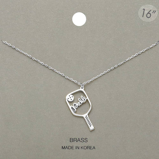 Brass Metal Pickleball Pendant Necklace: Rhodium