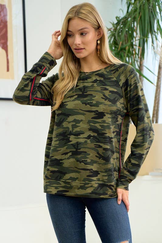 Washed Camo Terry Sweatshirt With Stripe Detail