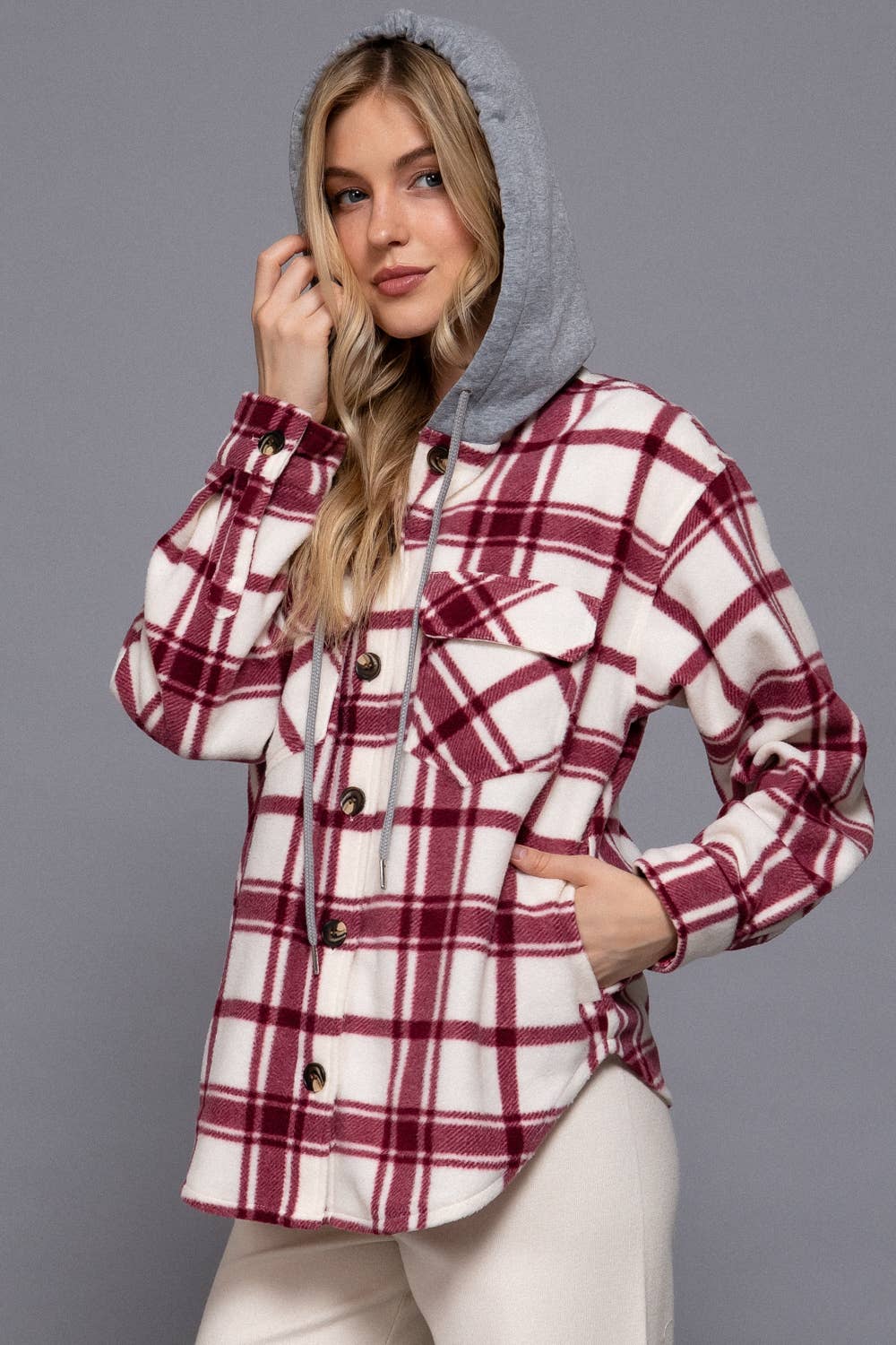 Long Sleeve Plaid Button Down with Hoodie Fleece Jacket