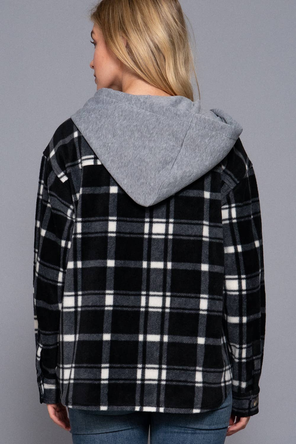 Long Sleeve Plaid Button Down with Hoodie Fleece Jacket