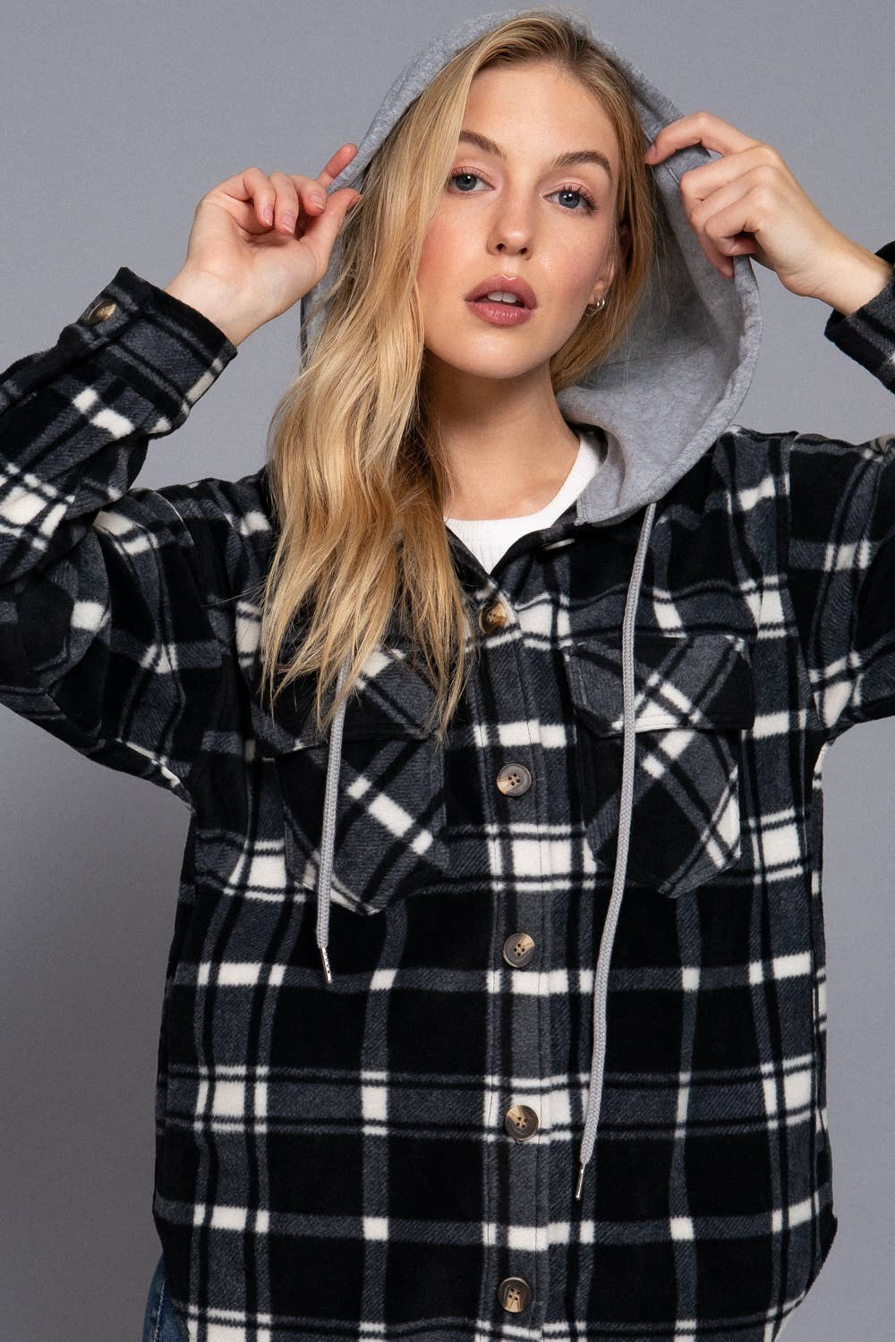 Long Sleeve Plaid Button Down with Hoodie Fleece Jacket