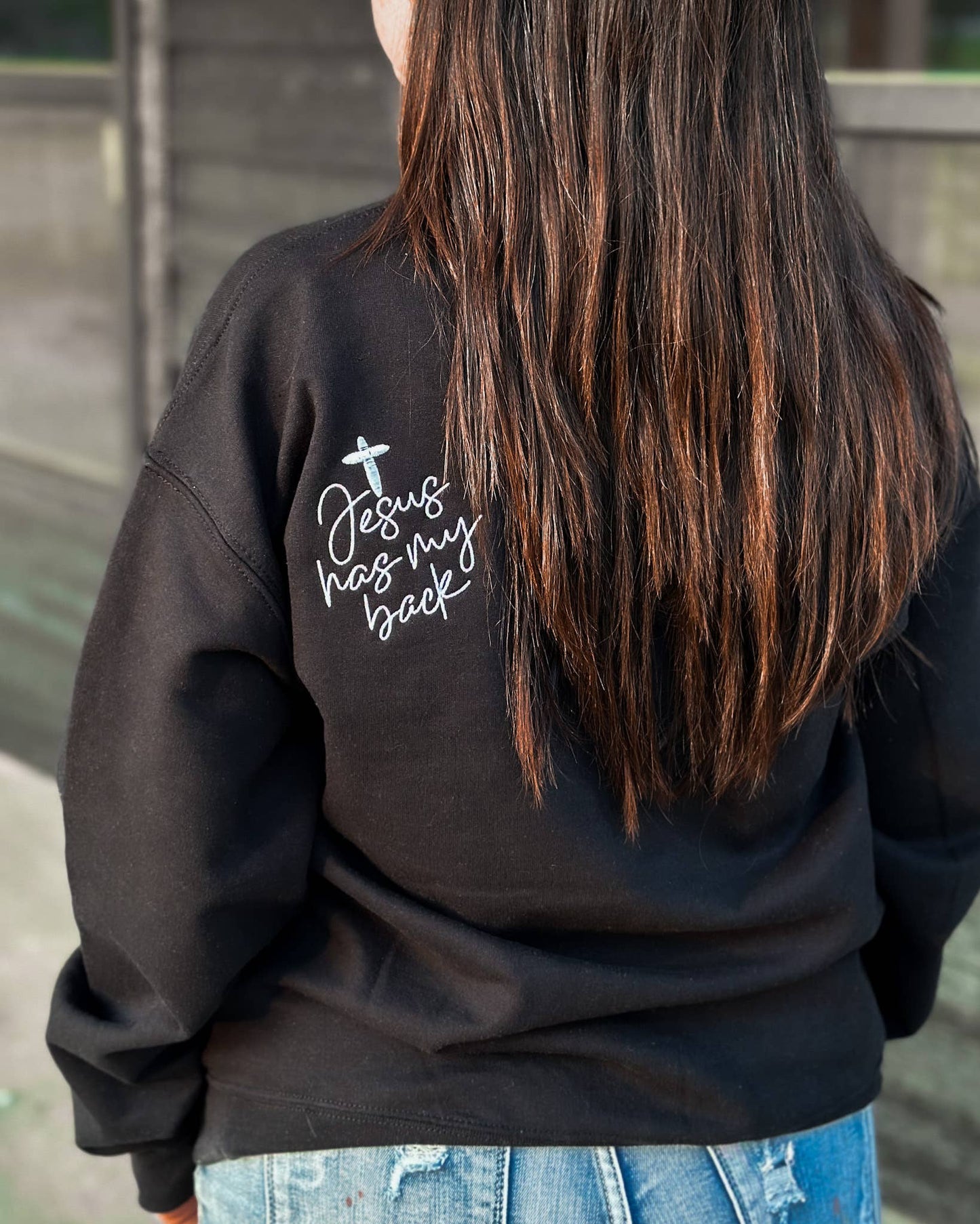 Jesus Has My Back Embroidery Sweatshirt: XL
