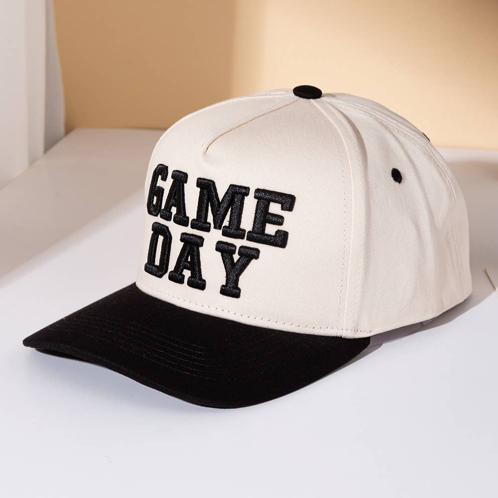 GAME DAY Message Embroidered Five Panel Canvas Snapback Baseball Cap: Black