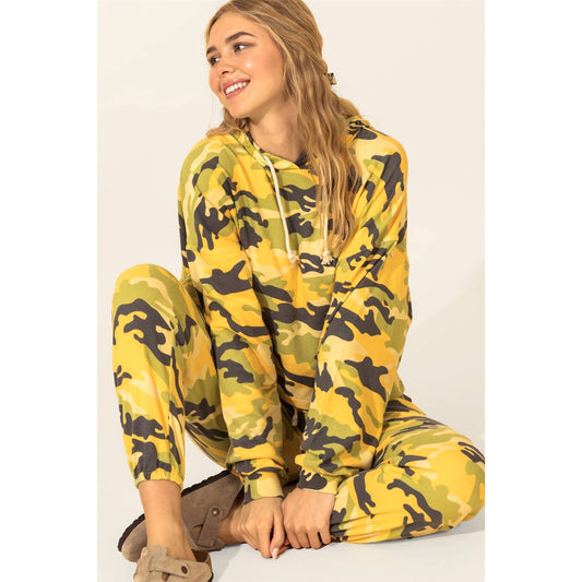Camo Print Drawstring Hoodie : YELLOW