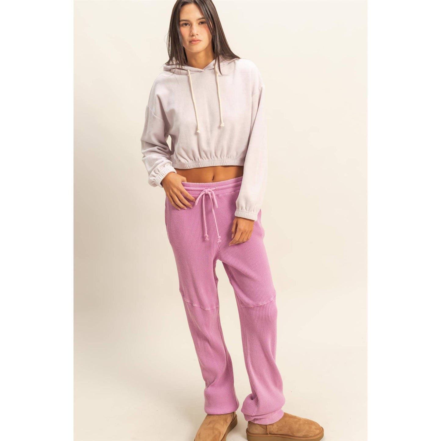 Cropped Velvet Pullover Hoodie: LILAC FOG