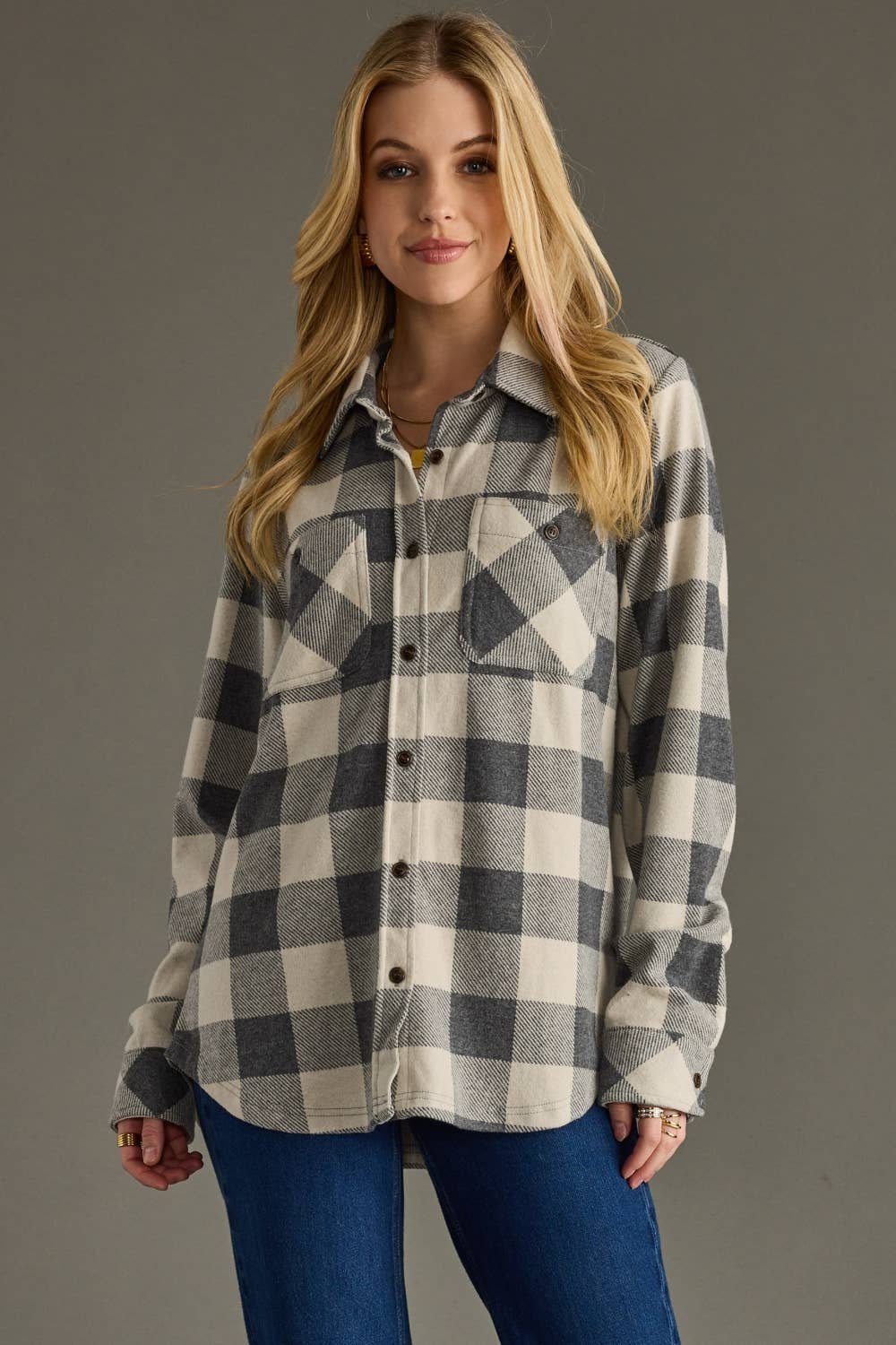 Gray & Cream Plaid Button Up