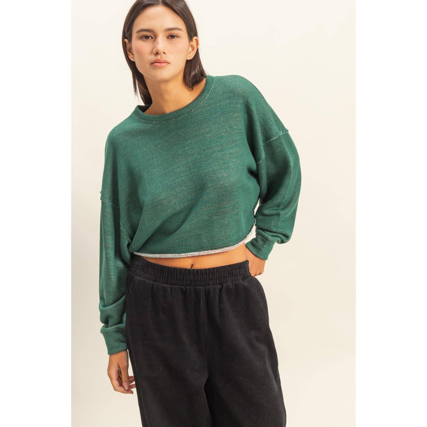 Drop-Shoulder Cropped Top: HUNTER GREEN