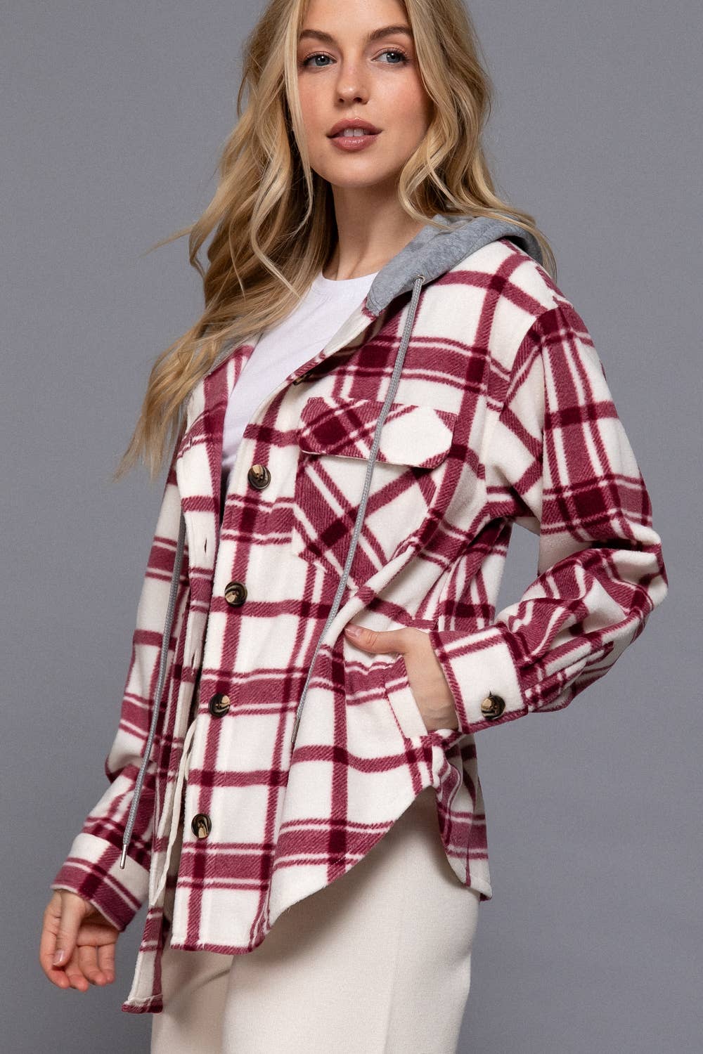 Long Sleeve Plaid Button Down with Hoodie Fleece Jacket