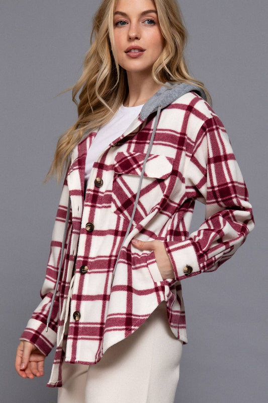 Long Sleeve Plaid Button Down with Hoodie Fleece Jacket