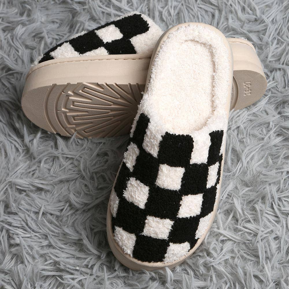 Checkered Soft Home Indoor Floor Platform Slippers: Black / M/L