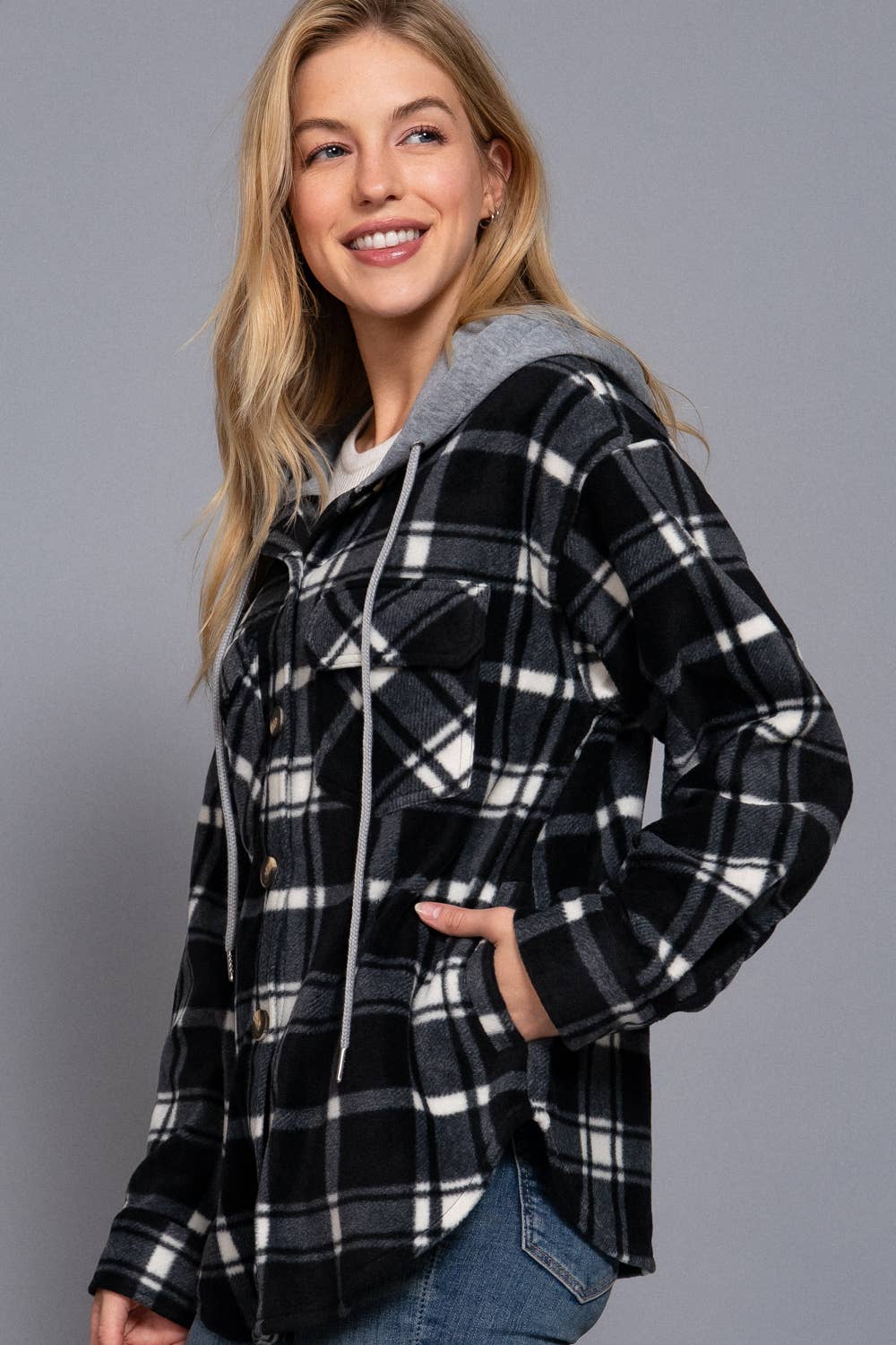 Long Sleeve Plaid Button Down with Hoodie Fleece Jacket