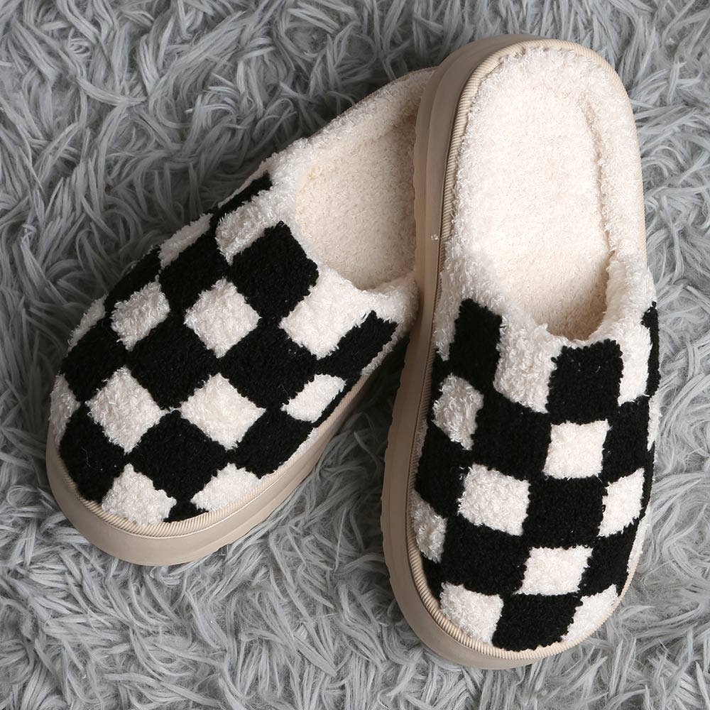 Checkered Soft Home Indoor Floor Platform Slippers: Black / M/L