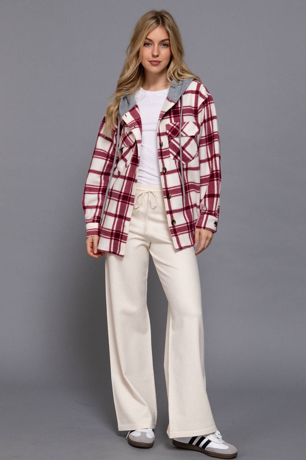 Long Sleeve Plaid Button Down with Hoodie Fleece Jacket