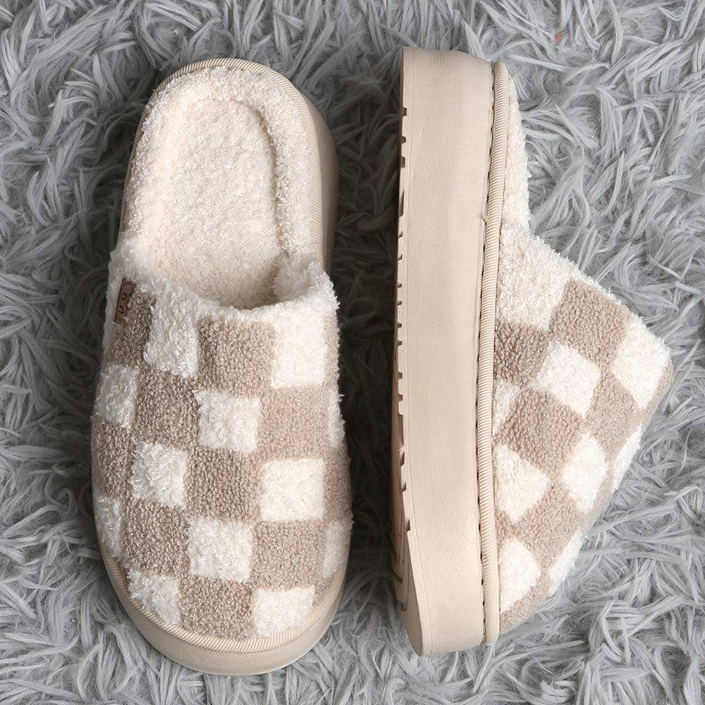 Checkered Soft Home Indoor Floor Platform Slippers: Beige / M/L