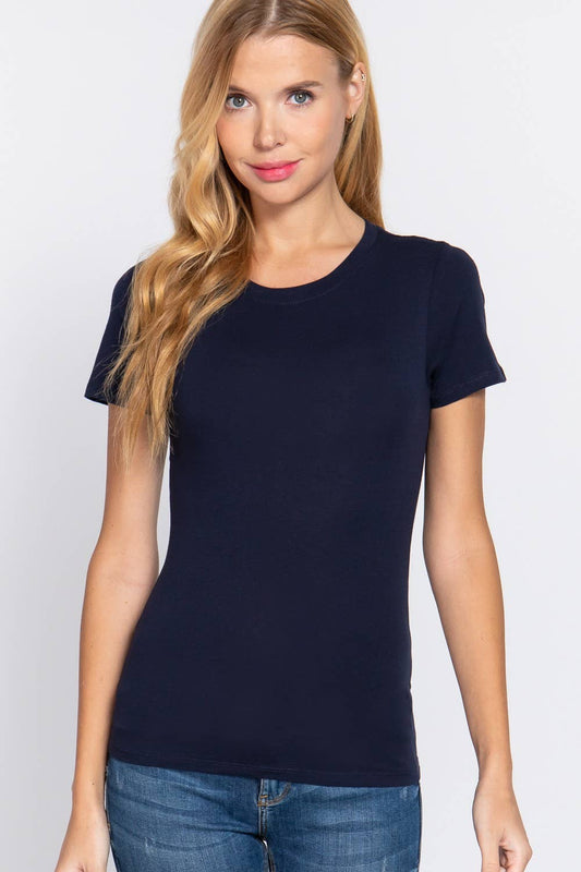 Short Sleeve Crew Neck Cotton Spandex Jersey Top Navy