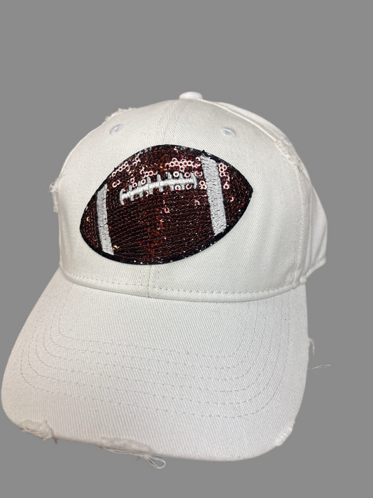 Denim Hat With Sequin Football :White distressed denim
