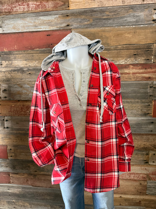 Red Plaid Hoodie Shacket