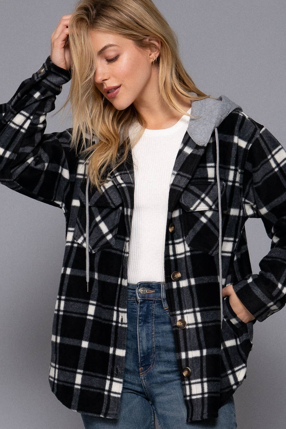 Long Sleeve Plaid Button Down with Hoodie Fleece Jacket