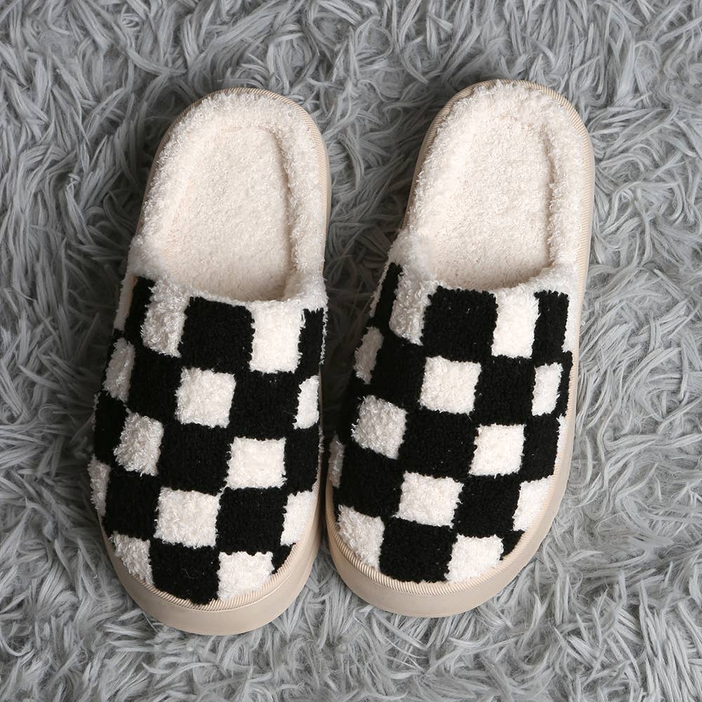 Checkered Soft Home Indoor Floor Platform Slippers: Black / M/L