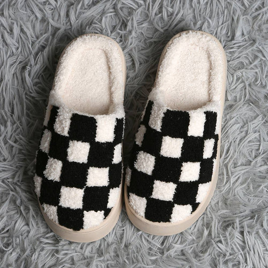 Checkered Soft Home Indoor Floor Platform Slippers: Black / M/L
