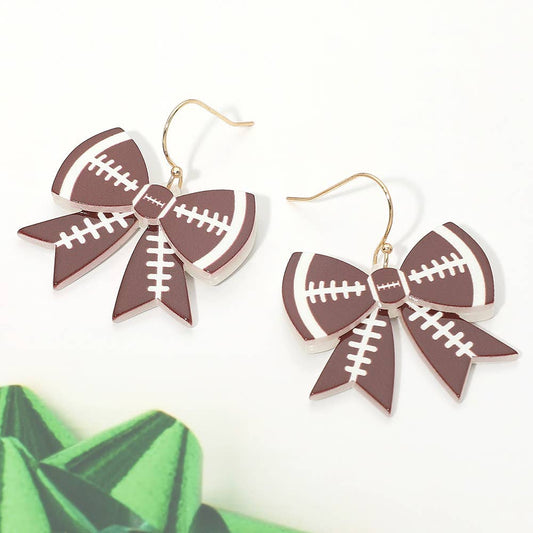 Game Day Football Bow Charm Drop Dangle Earrings: Brown