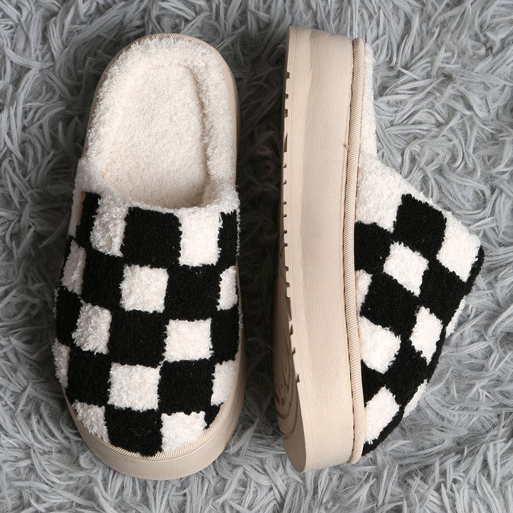 Checkered Soft Home Indoor Floor Platform Slippers: Black / M/L
