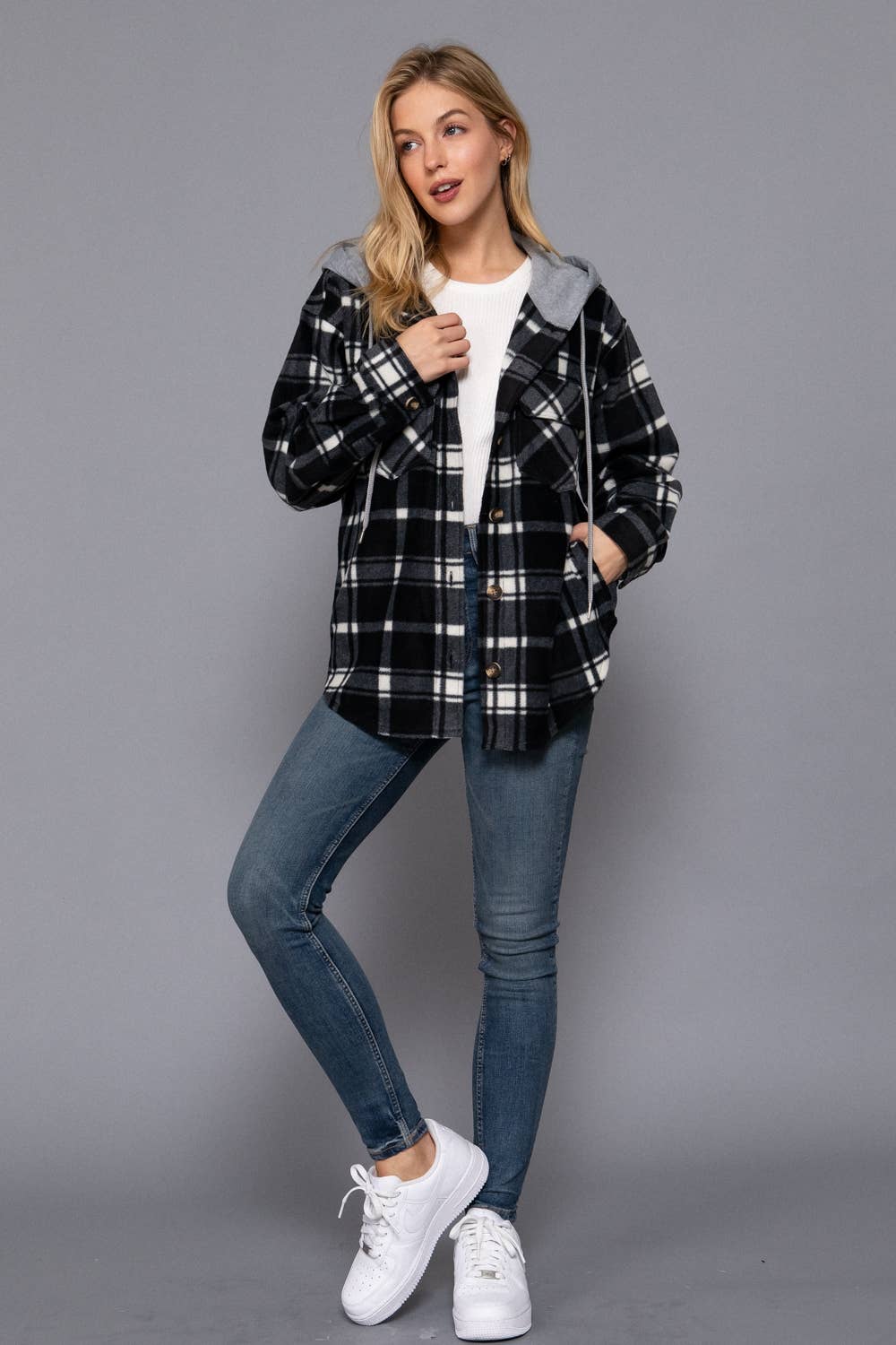 Long Sleeve Plaid Button Down with Hoodie Fleece Jacket