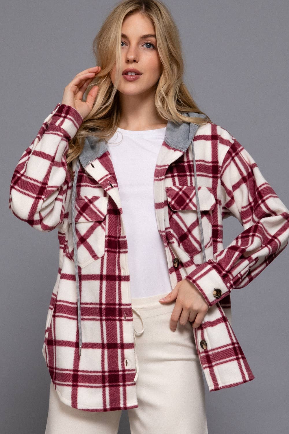 Long Sleeve Plaid Button Down with Hoodie Fleece Jacket